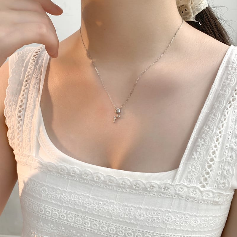 Po S999 Silver Tulip Necklace Fresh and Sweet Artistic Style Cute Simple Sweet Sister's Clavicle Chain