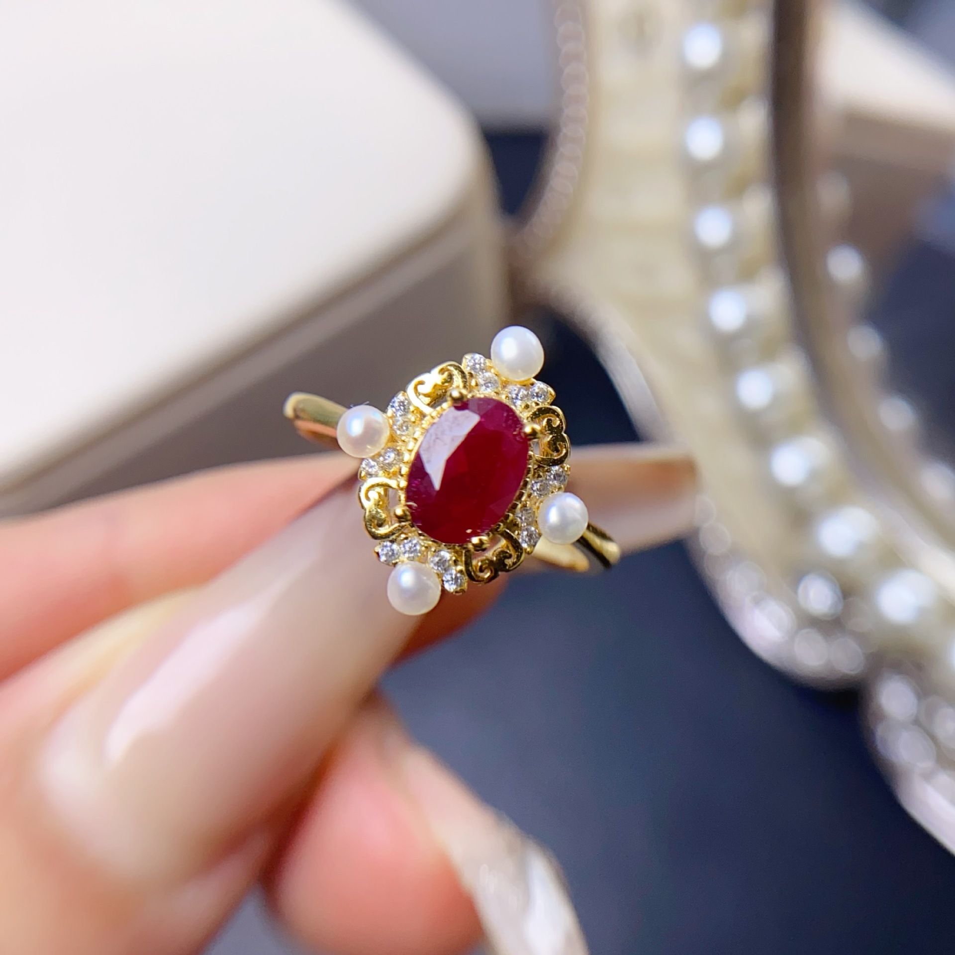 Fashion style natural laosaki Ruby women's ring S925 Silver live mouth 5 * 7mm beauty ring Live supply