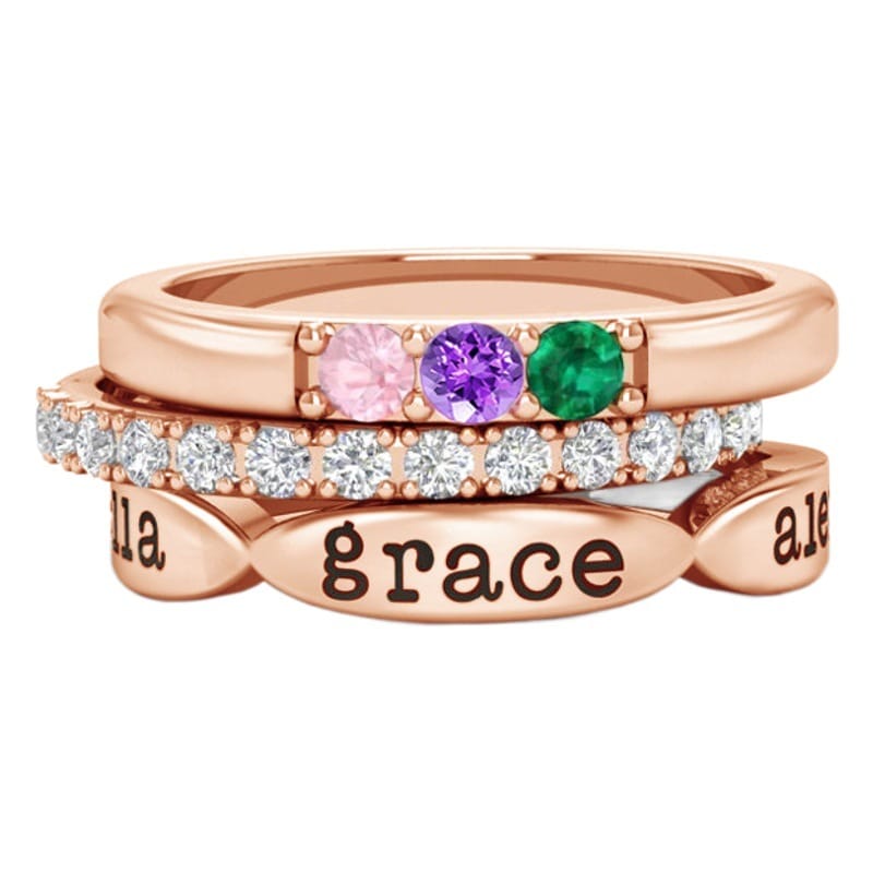 Hot selling Mother's Day 12-color birthday stone three-piece combination stacked ring lettering personalized fashion jewelry