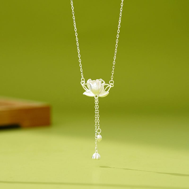 Po S999 Foot Silver New Lotus Tassel Necklace Women's Retro Chinese Style Lotus Pendant Hair Elegant