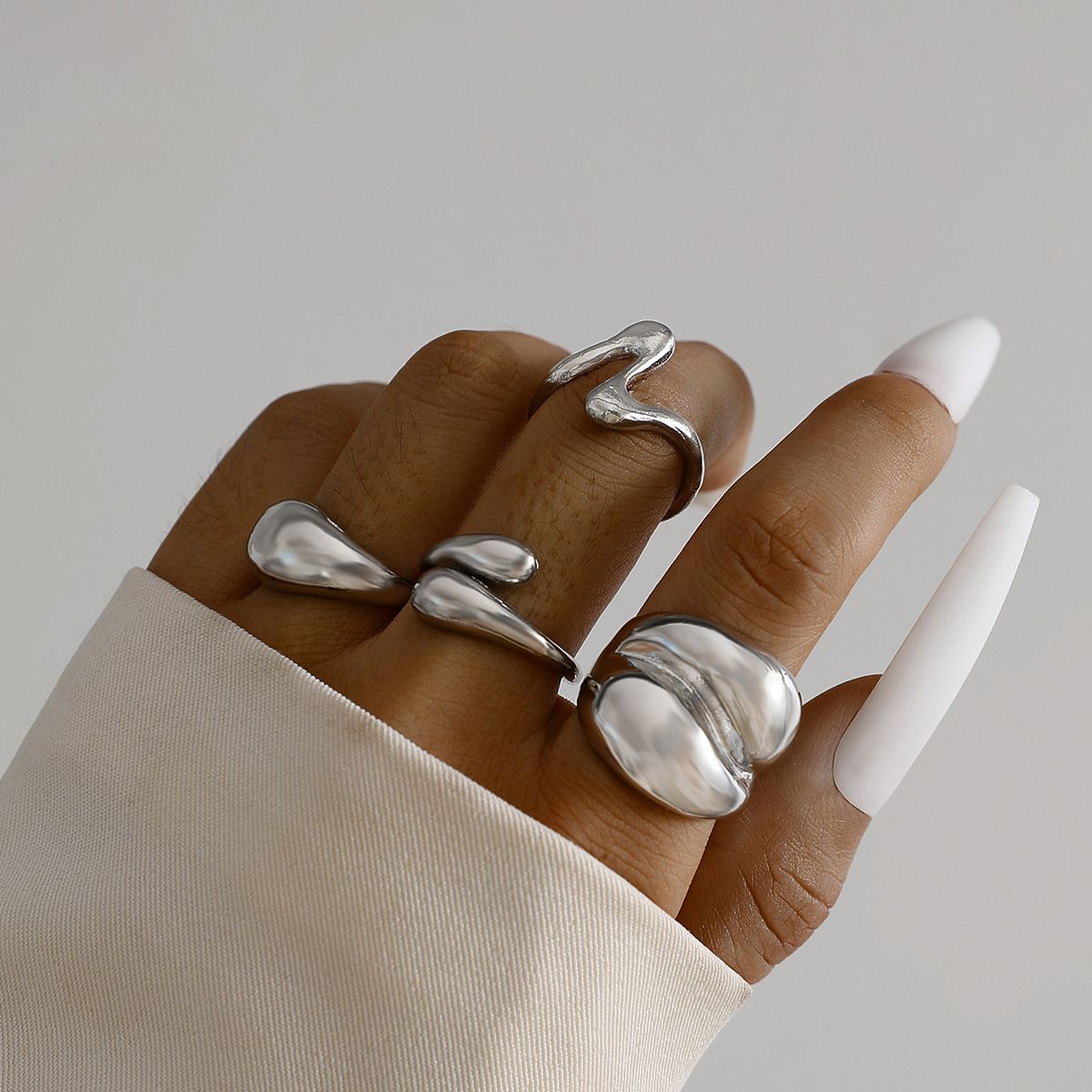 Europe and the United States cross-border geometric metal wind lava line ring four-piece irregular smooth opening ring suit