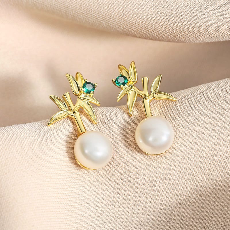 Natural Freshwater Pearl Earrings Elegant Light Luxury Bamboo Report Ping Leaf Earrings Niche Design New Earrings