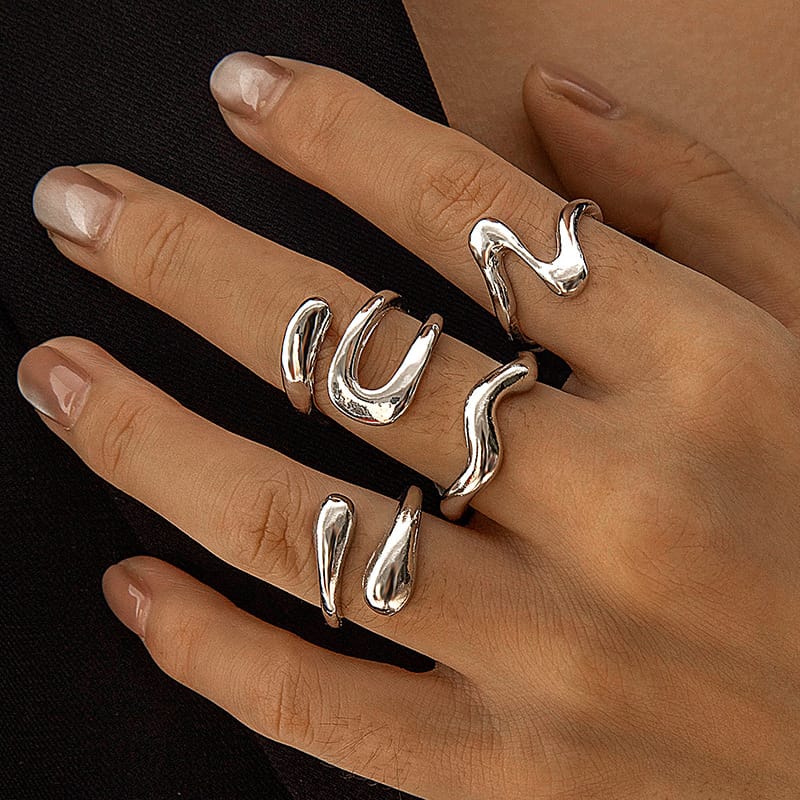 Europe and the United States cross-border geometric metal wind lava line ring four-piece irregular smooth opening ring suit
