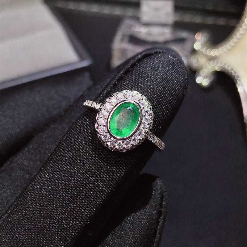 Real photos around drill natural Zambia 5*7 emerald ring 925 silver live support re-inspection