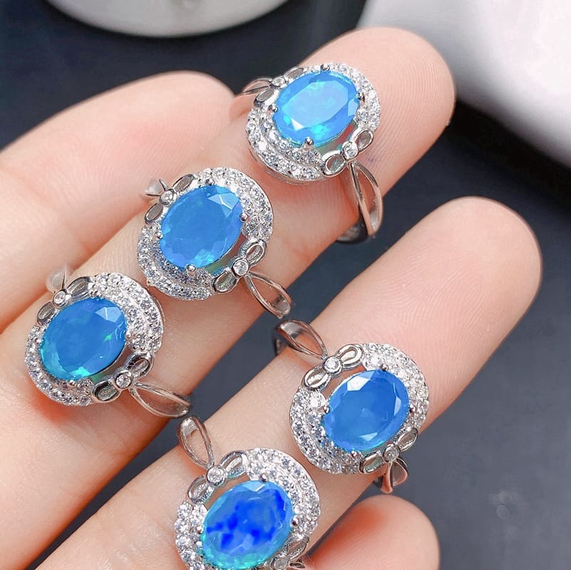 Simple fashion 925 silver inlaid natural full fire blue opal ring live TikTok overseas supply