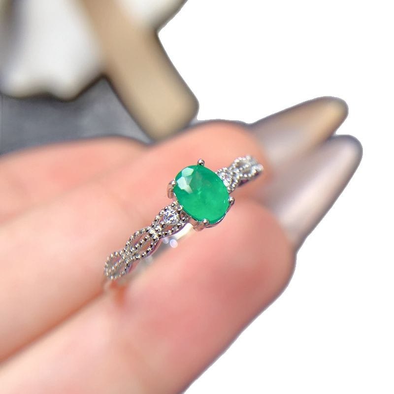 Simple natural emerald oval 5*4mm ladies ring exquisite female ring 925 silver color green detection