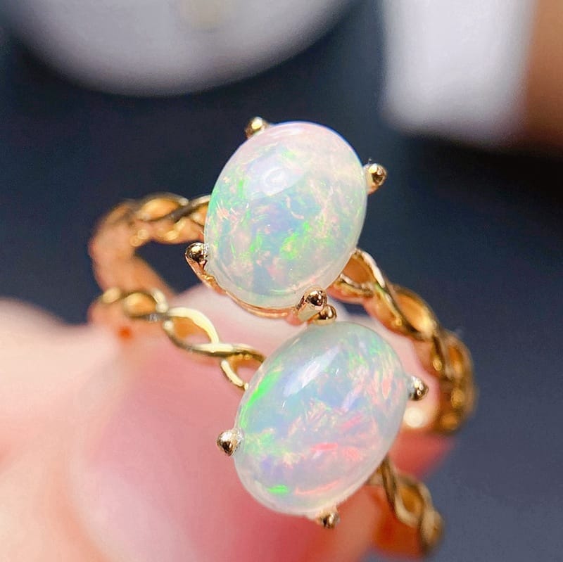 Simple 925 silver inlaid natural 6*8 full fire color opal ring