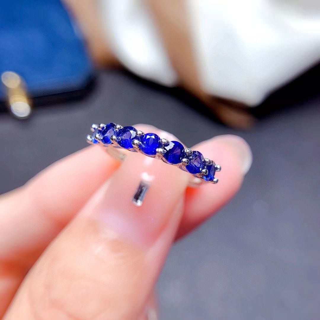Natural Sapphire ring row ring 925 silver temperament ring women's open mouth crystal clean