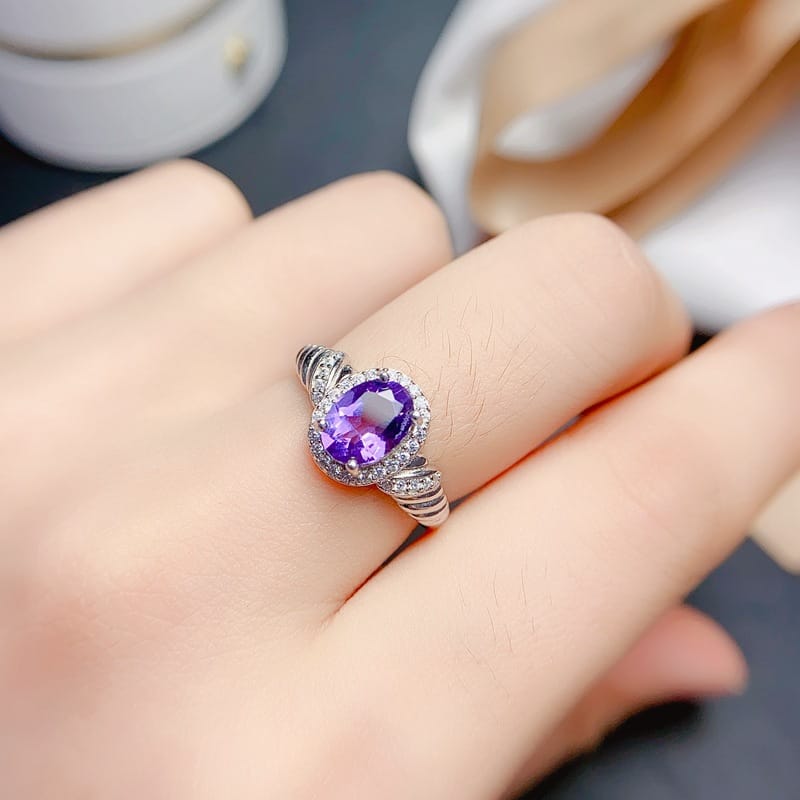 Fashion Joker natural amethyst ring crystal clean 6*8mm925 Silver live a generation of hair