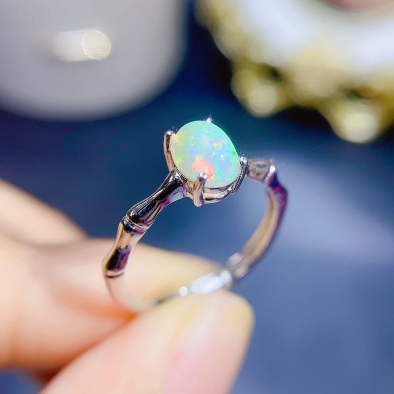 Simple 925 silver inlaid Natural 5*7 full fire color opal ring live tremolo overseas supply