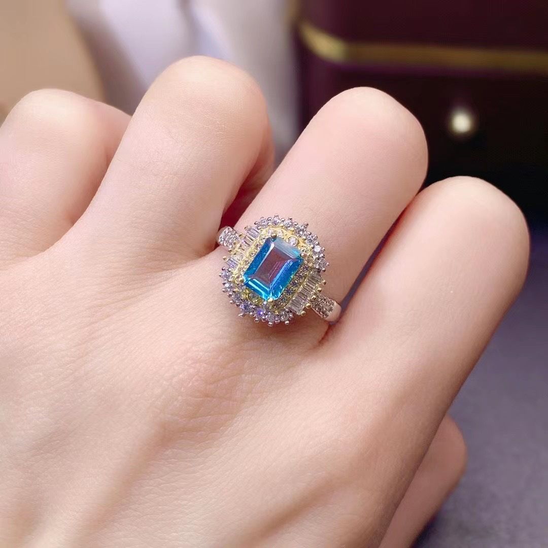 Factory wholesale explosions natural Topaz ring S925 silver inlaid main stone 5*7 selling Europe and the United States a generation of hair