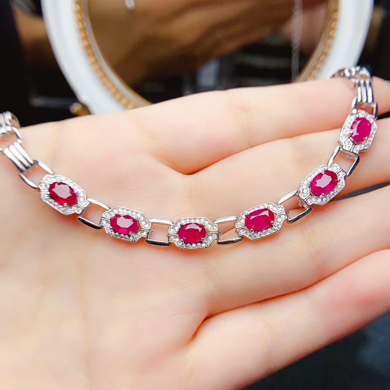 Live Supply Caibao Jewelry s925 Silver Inlaid Natural Old Burned Ruby Bracelet Fashionable Simple Accessories