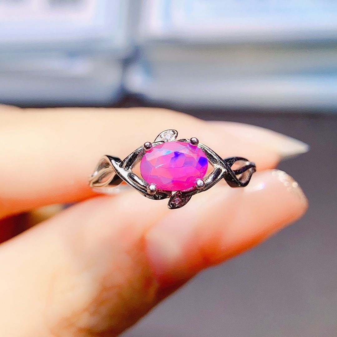 Factory wholesale explosions natural powder Opal ring S925 silver inlaid main stone 5*7 selling Europe and the United States a generation of hair