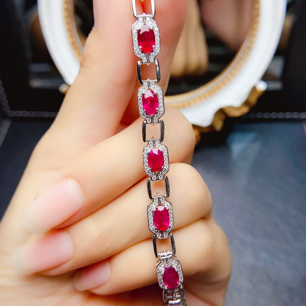 Live Supply Caibao Jewelry s925 Silver Inlaid Natural Old Burned Ruby Bracelet Fashionable Simple Accessories