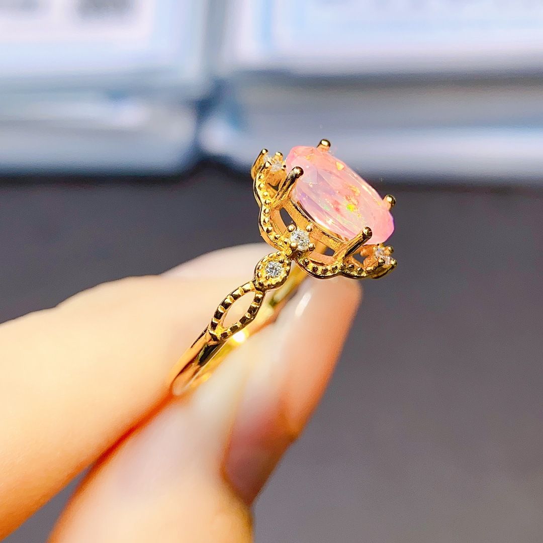 Factory wholesale explosions natural powder Opal ring S925 silver inlaid main stone 5*9 hot Europe and the United States a generation of hair
