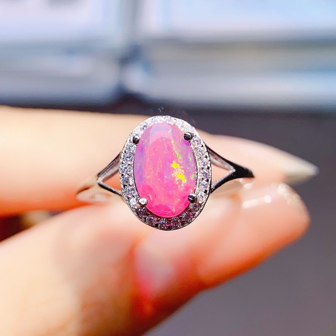 Factory wholesale explosions natural powder Opal ring S925 silver inlaid main stone 6*9 selling Europe and the United States a generation of hair