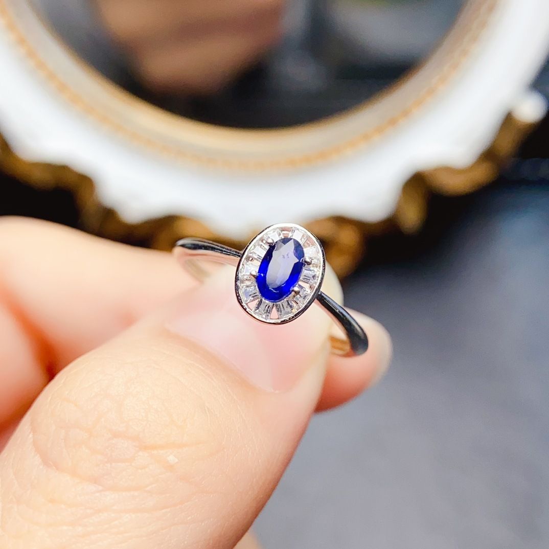 Factory wholesale explosions natural sapphire ring S925 silver inlaid main stone 3*5 selling Europe and the United States a generation of hair