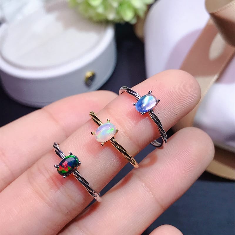 925 silver inlaid natural Australian Opal black opal blue moonlight ladies live ring live trembles wholesale