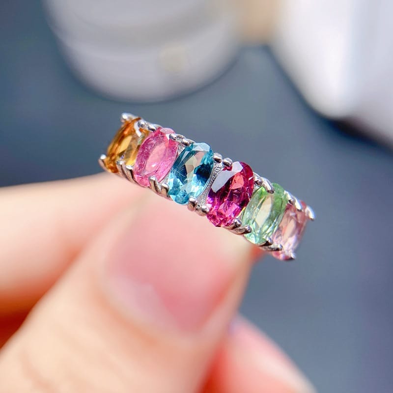 925 silver inlaid natural tourmaline ring women's open mouth crystal clean candy color one-piece delivery