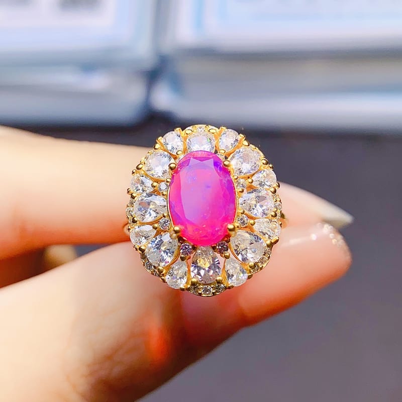 Natural pinky Opal ring S925 silver inlaid main stone 6*9 mm hot selling Europe and the United States 