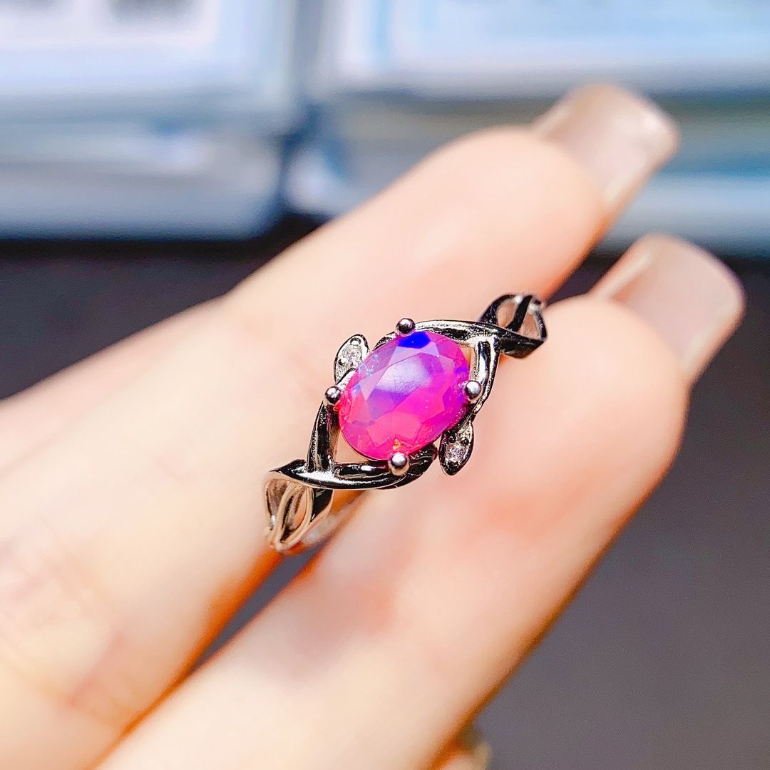 Factory wholesale explosions natural powder Opal ring S925 silver inlaid main stone 5*7 selling Europe and the United States a generation of hair
