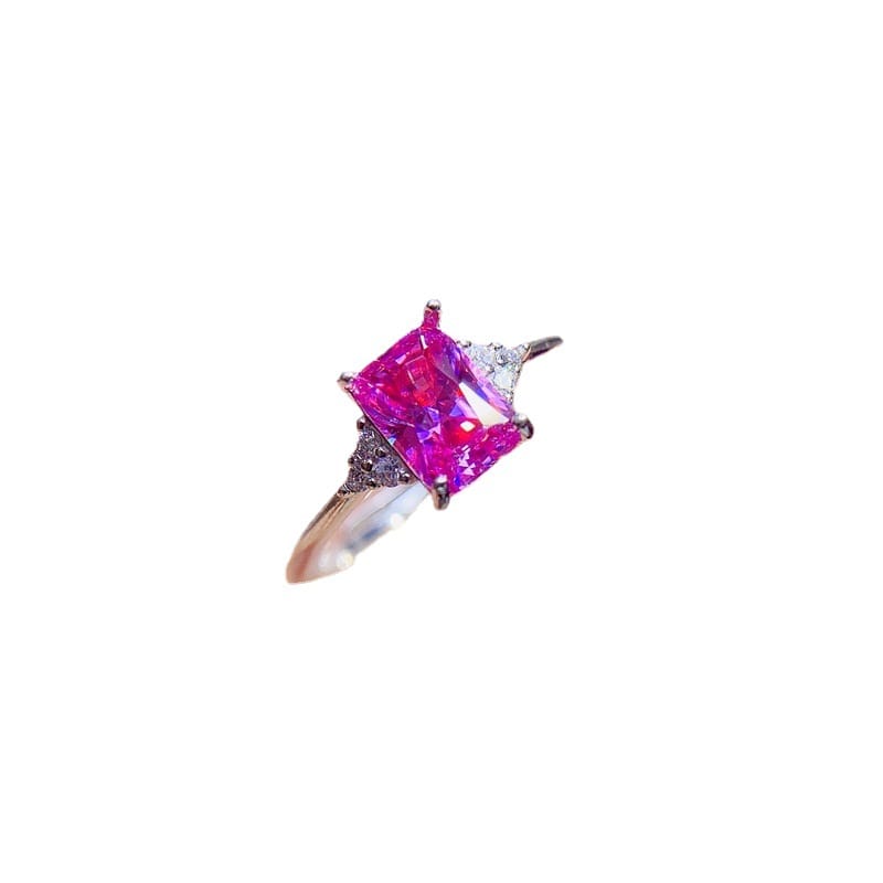 Fresh simple American imported pink diamond Women's ring 925 silver 5*7 square sugar black card diamond pen