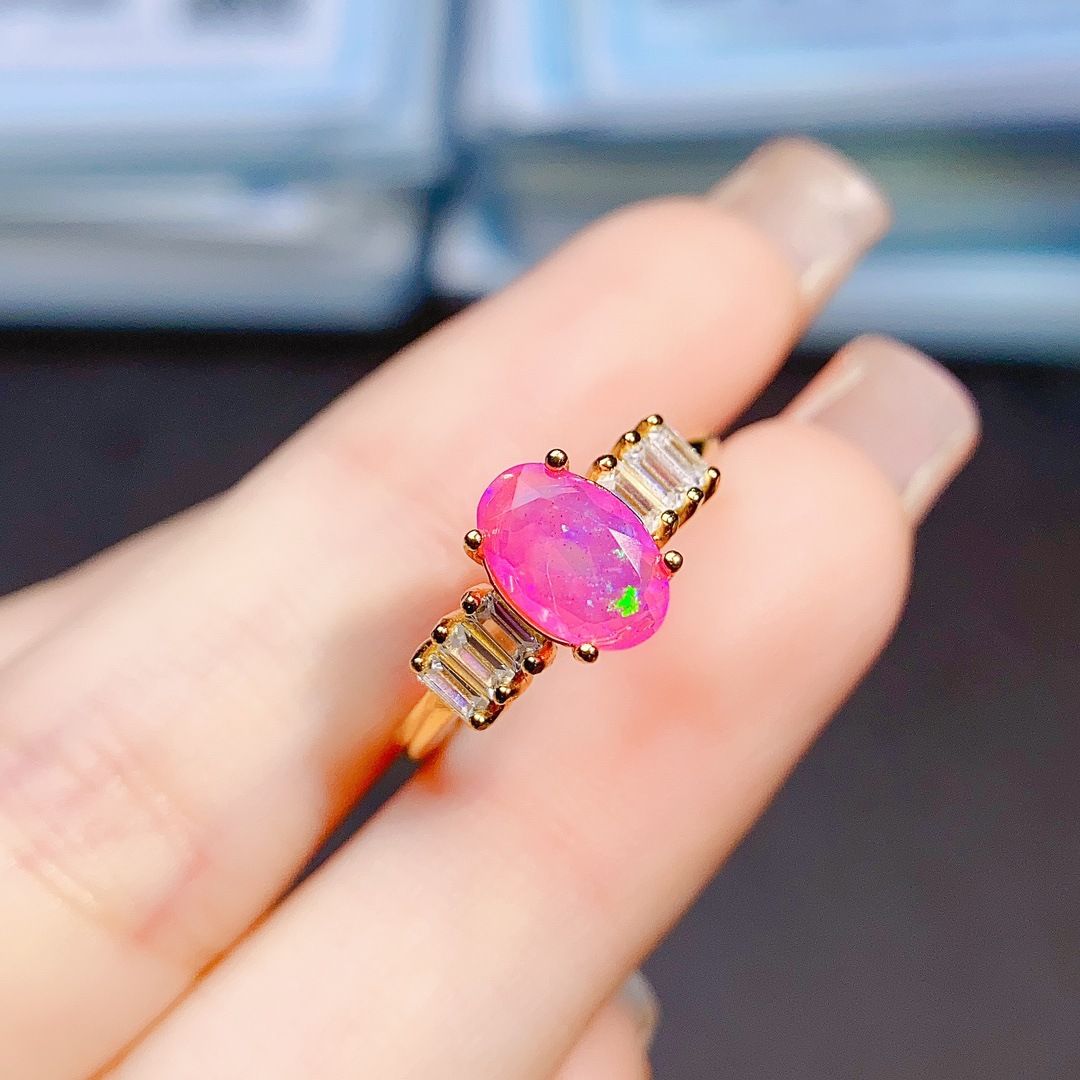 Factory wholesale explosions natural powder Opal ring S925 silver inlaid main stone 5*8 hot Europe and the United States a generation of hair