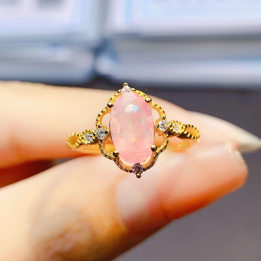 Factory wholesale explosions natural powder Opal ring S925 silver inlaid main stone 5*9 hot Europe and the United States a generation of hair