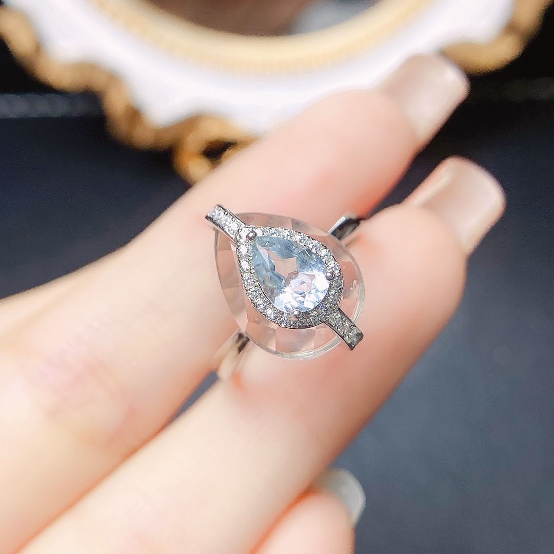 Factory wholesale explosions natural aquamarine ring S925 silver inlaid main stone 5*7 selling Europe and the United States a generation of hair