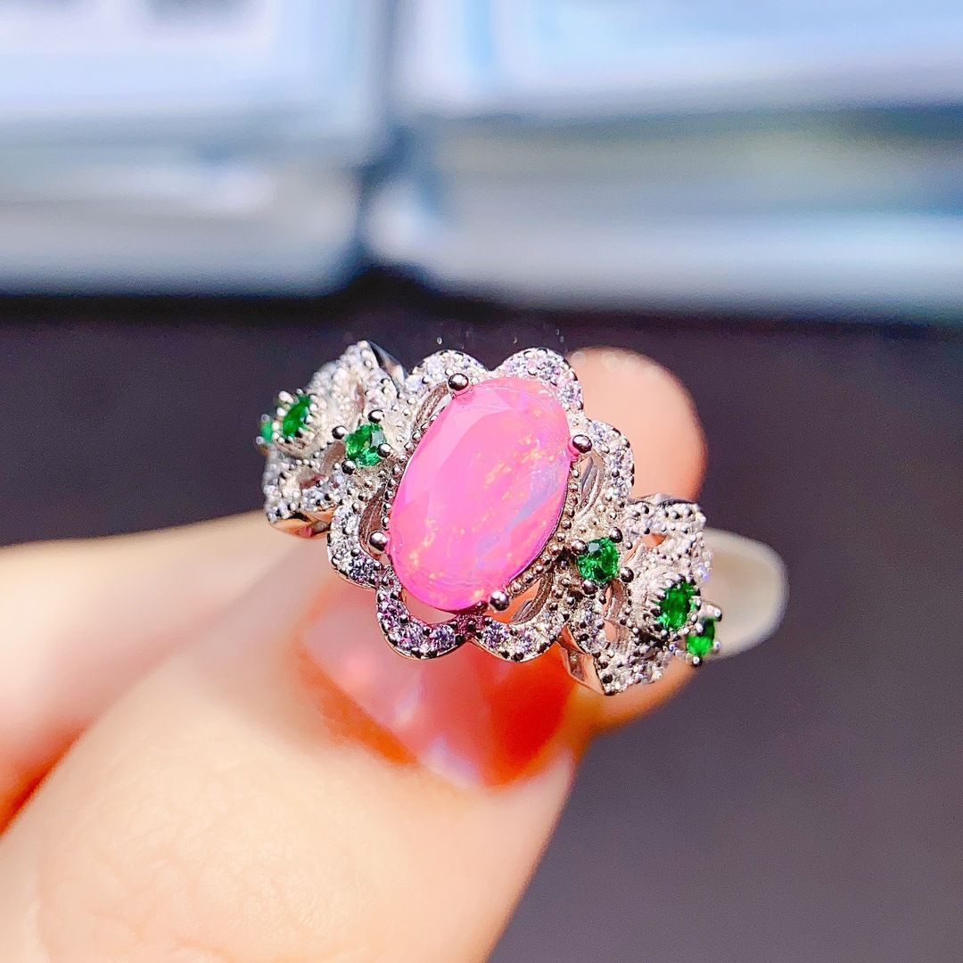 Factory wholesale explosions natural powder Opal ring S925 silver inlaid main stone 5*9 hot Europe and the United States a generation of hair