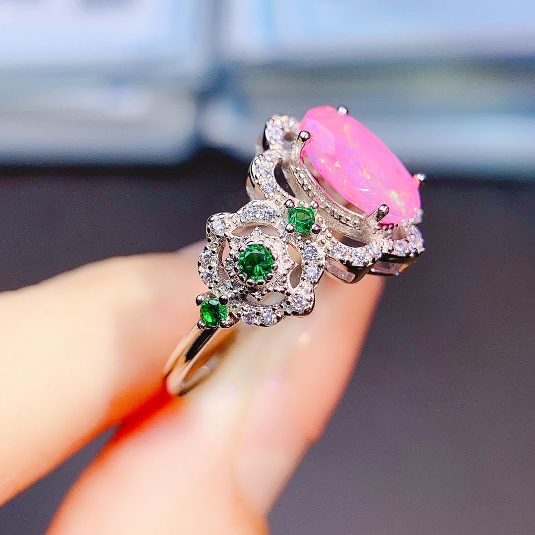 Factory wholesale explosions natural powder Opal ring S925 silver inlaid main stone 5*9 hot Europe and the United States a generation of hair
