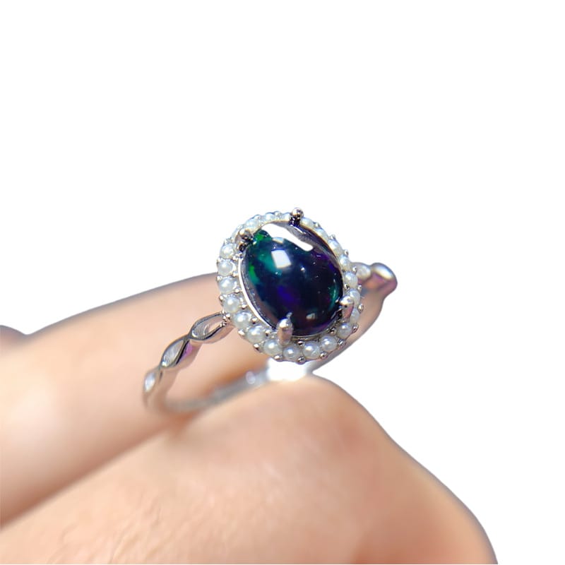 European and American design natural black opal ring wholesale 6*8mm fire color good manufacturing 925 silver live mouth ring