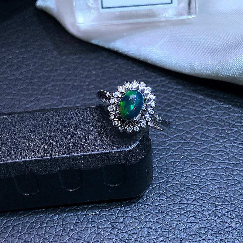 New Opal Ring 925 Silver Insert t Natural Black Opal Fire Color Full Gift for Girlfriend