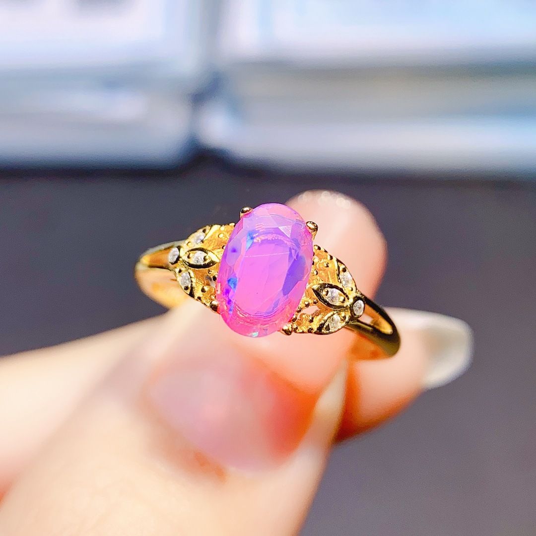 Factory wholesale explosions natural powder Opal ring S925 silver inlaid main stone 5*8 hot Europe and the United States a generation of hair