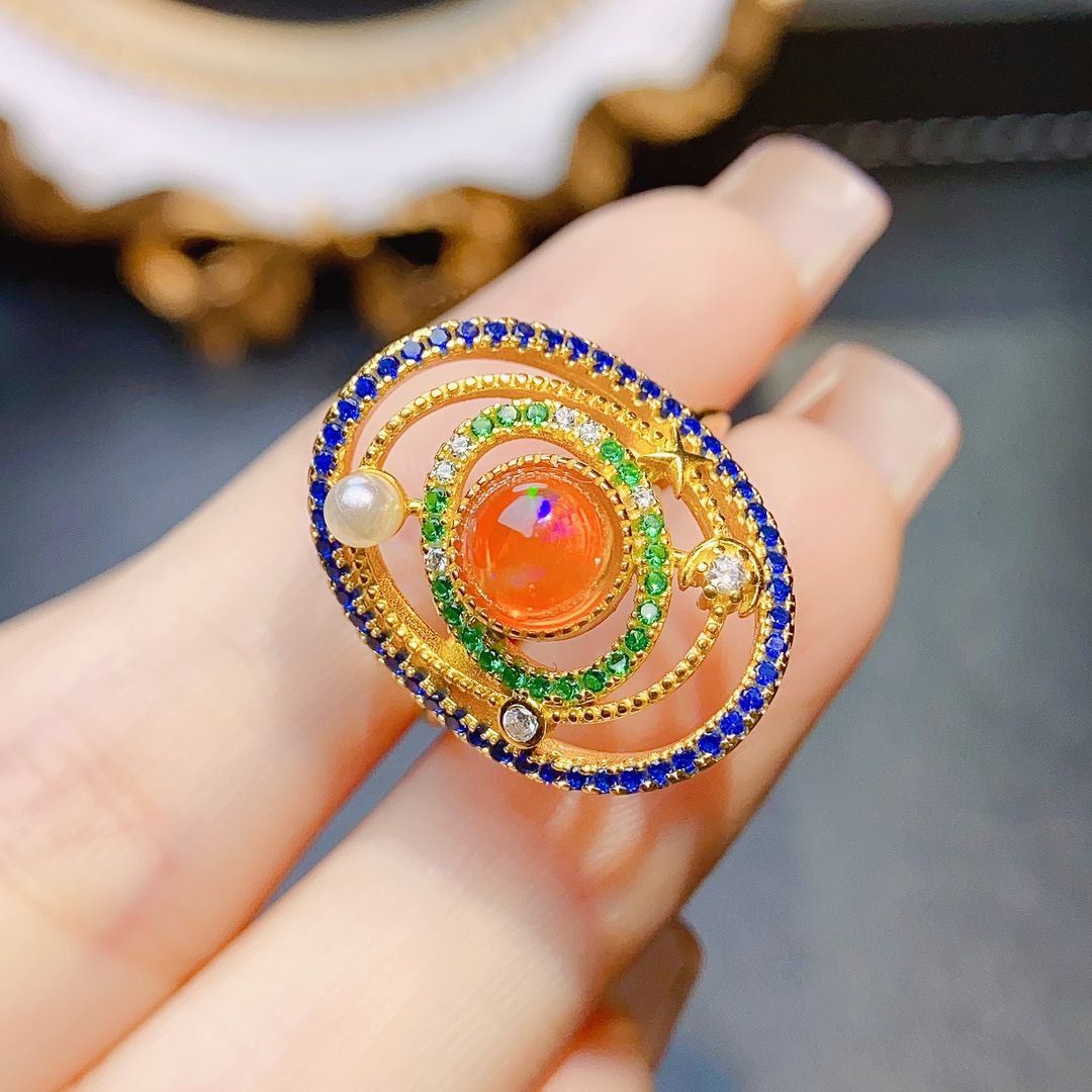 Factory wholesale explosions natural fire opal ring S925 silver inlaid main stone 6*6 selling Europe and the United States a generation of hair