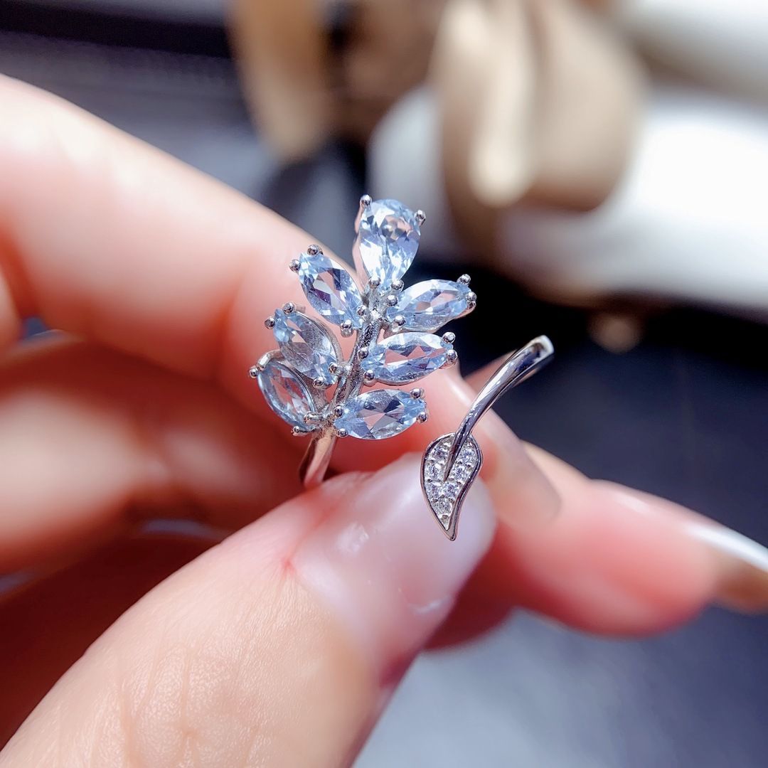 Factory wholesale explosions natural aquamarine ring S925 silver inlaid main stone 3*6+4*6 selling in Europe and America