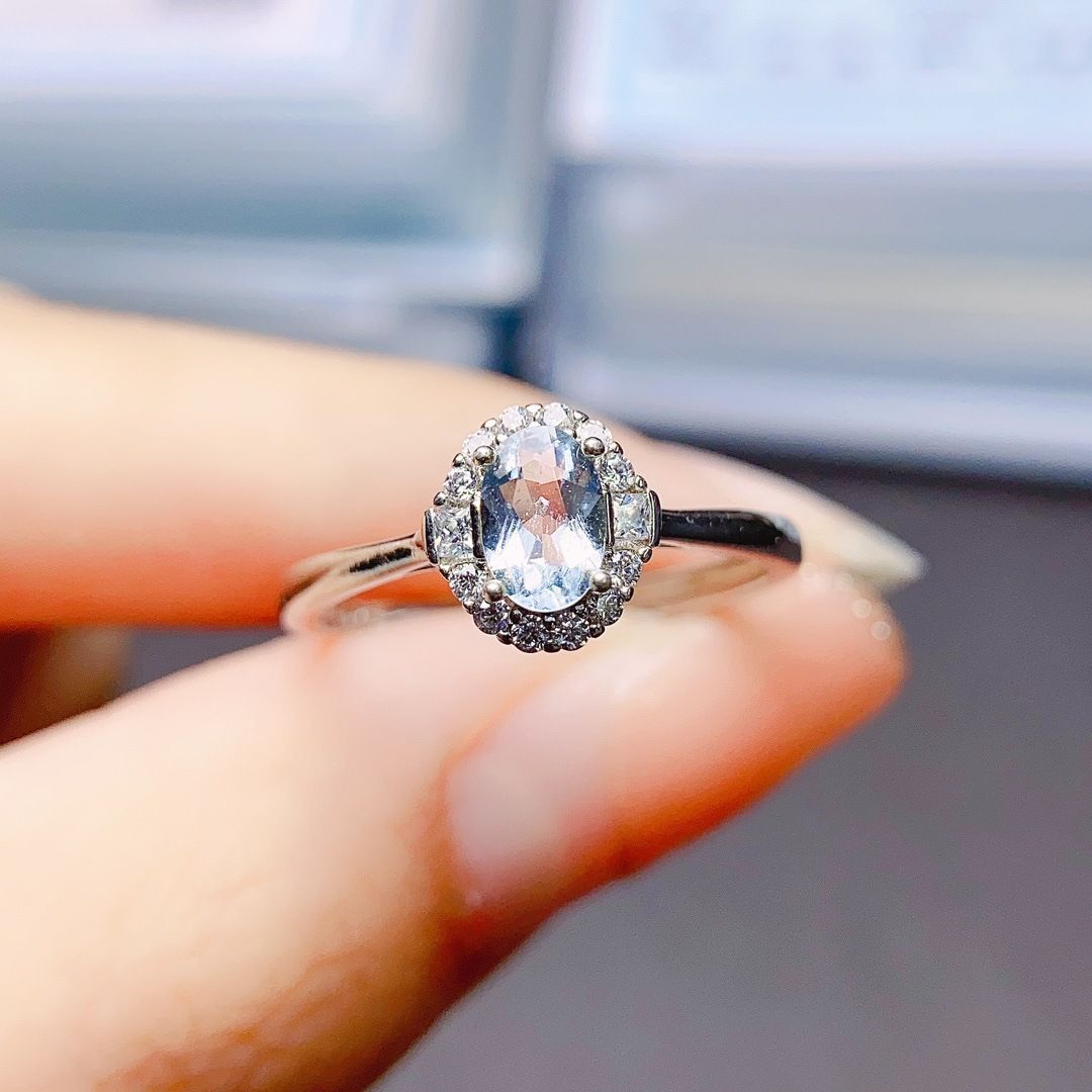Factory wholesale explosions natural aquamarine ring S925 silver inlaid main stone 4*6 selling Europe and the United States a generation of hair