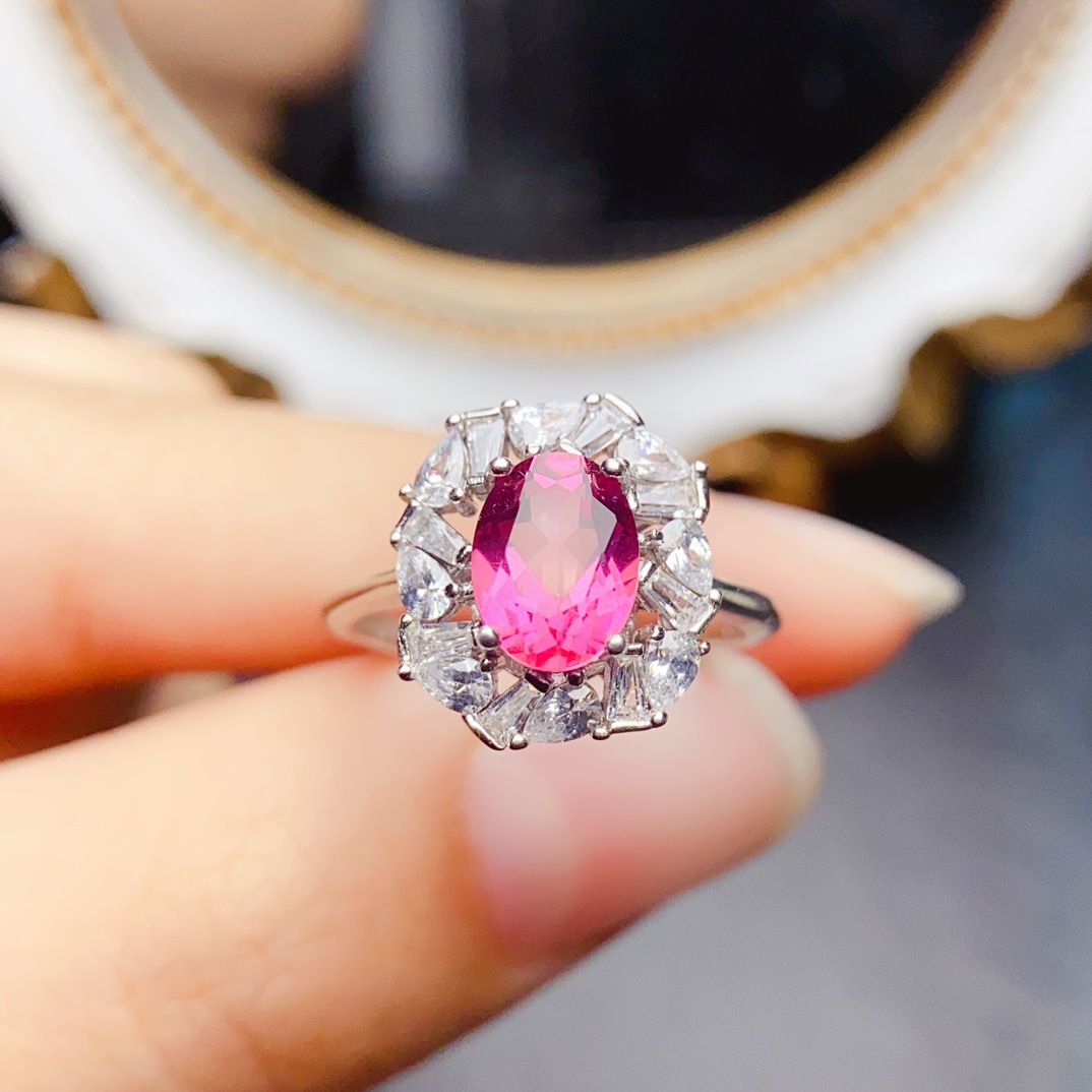 Factory wholesale explosions natural powder topaz ring S925 silver inlaid with the main stone 6*8 selling Europe and the United States a piece
