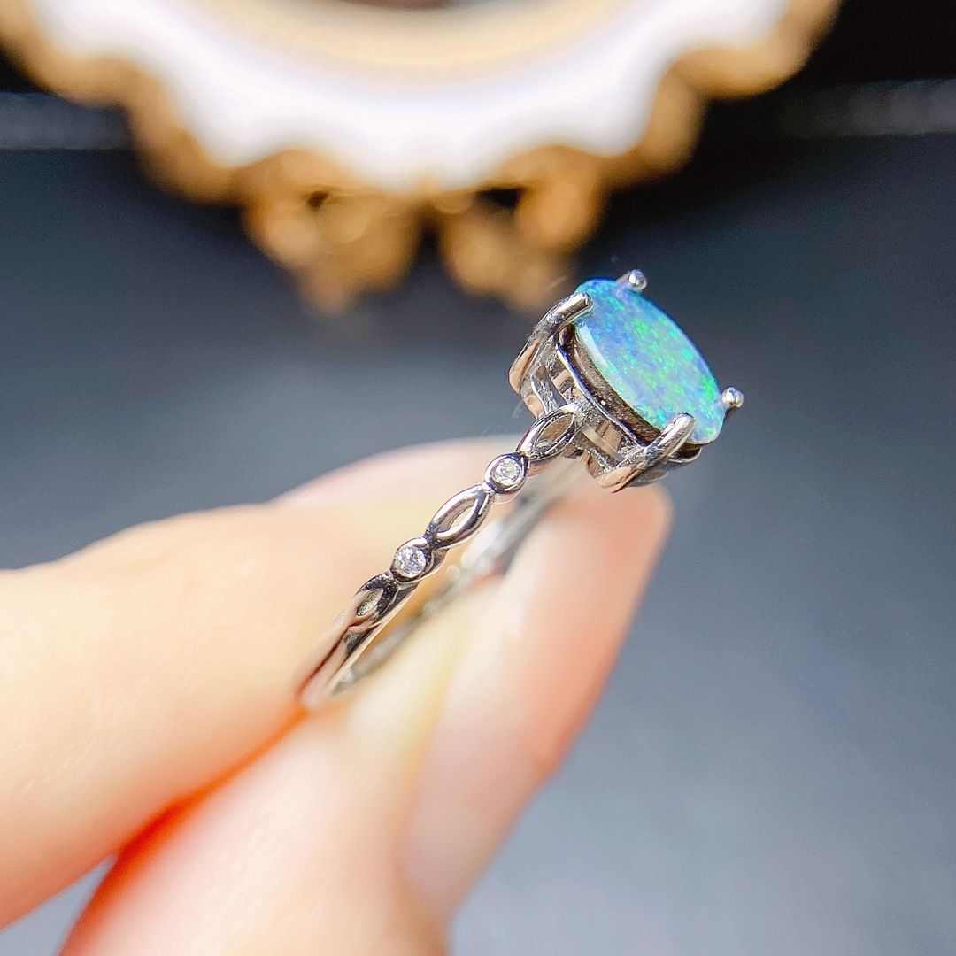 Factory wholesale explosions natural blue opal ring S925 silver inlaid main stone 3*3 selling Europe and the United States a generation of hair