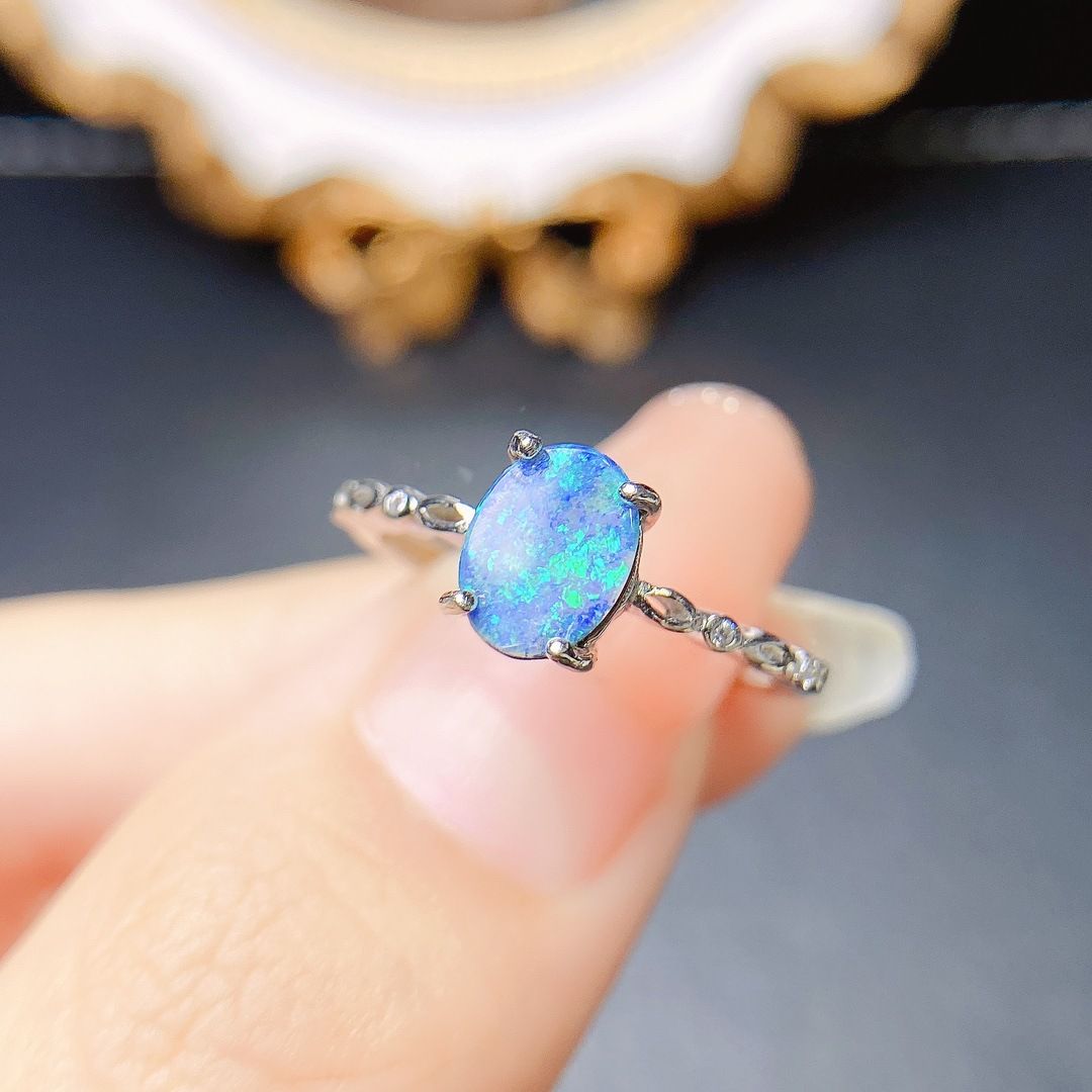 Factory wholesale explosions natural blue opal ring S925 silver inlaid main stone 3*3 selling Europe and the United States a generation of hair