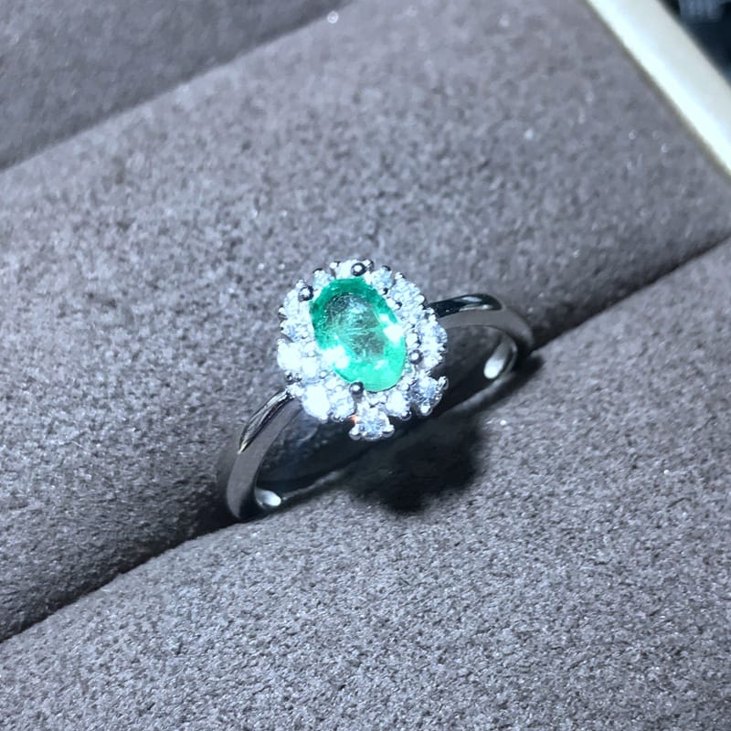 Real photos around drilling natural Zambian emerald ring 925 silver live support re-inspection