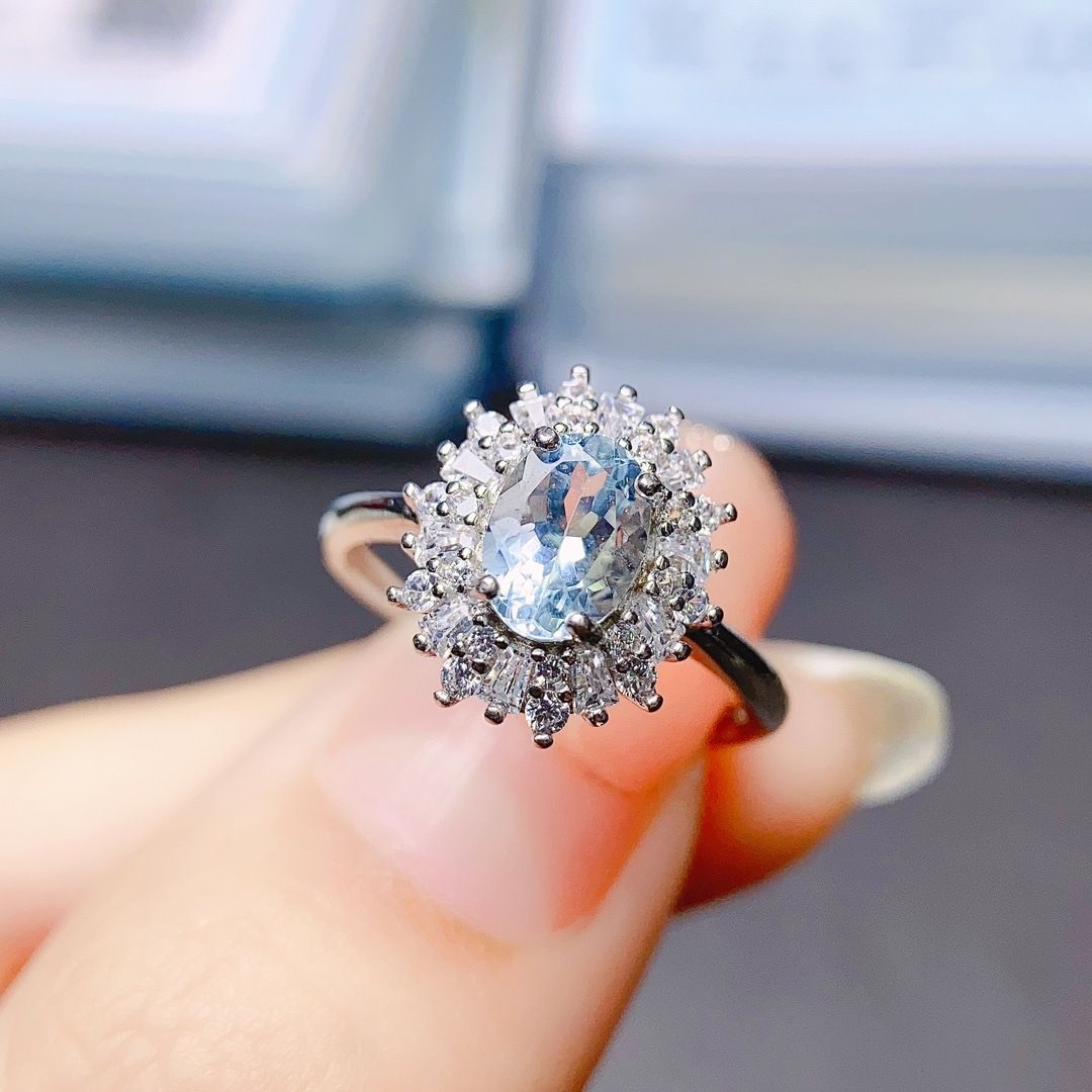 Factory wholesale explosions natural aquamarine ring S925 silver inlaid main stone 4*6 selling Europe and the United States a generation of hair