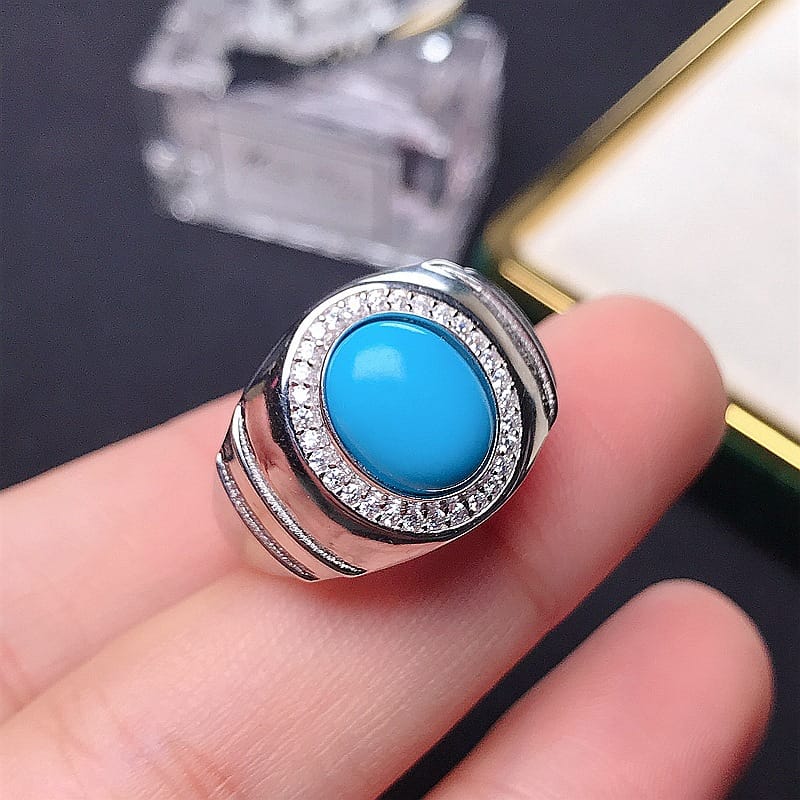 Blue turquoise men's ring 925 silver inlaid natural American blue pine men's ring live color treasure wholesale a generation of hair
