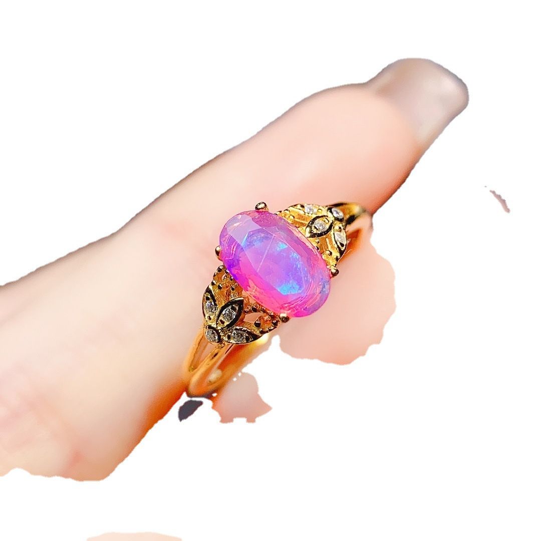 Factory wholesale explosions natural powder Opal ring S925 silver inlaid main stone 5*8 hot Europe and the United States a generation of hair