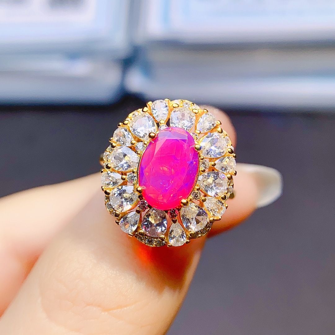 Factory wholesale explosions natural powder Opal ring S925 silver inlaid main stone 6*9 selling Europe and the United States a generation of hair
