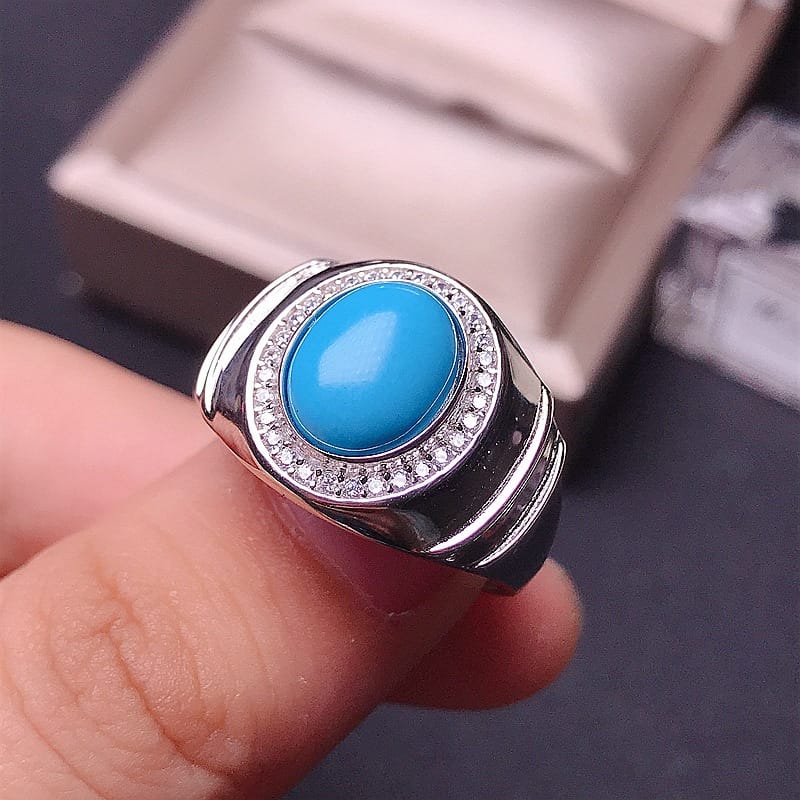 Blue turquoise men's ring 925 silver inlaid natural American blue pine men's ring live color treasure wholesale a generation of hair