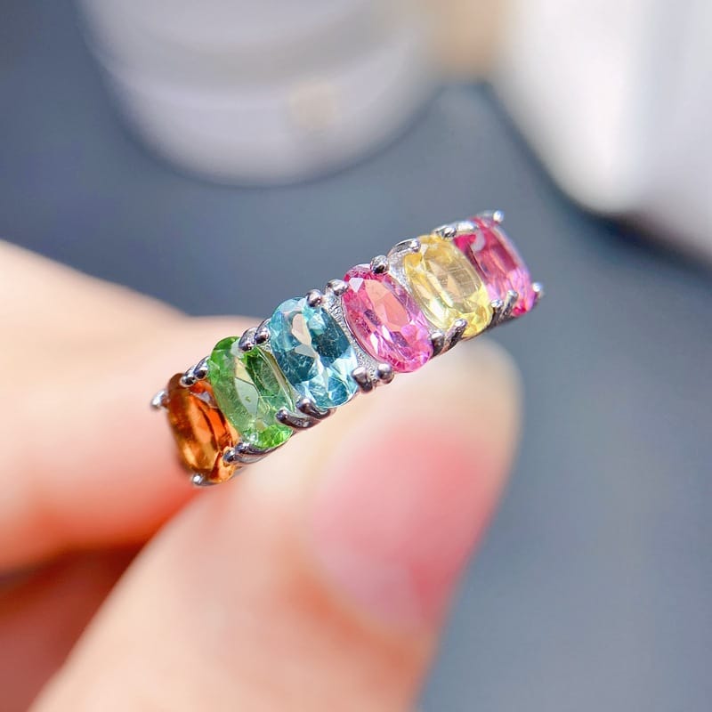 925 silver inlaid natural tourmaline ring women's open mouth crystal clean candy color one-piece delivery