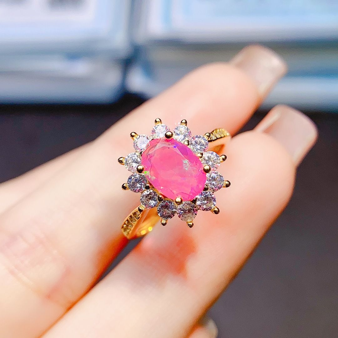 Factory wholesale explosions natural powder Opal ring S925 silver inlaid main stone 6*8 hot Europe and the United States a generation of hair