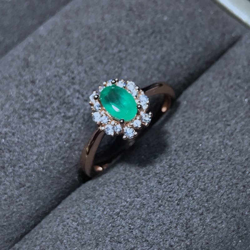 Real photos around drilling natural Zambian emerald ring 925 silver live support re-inspection