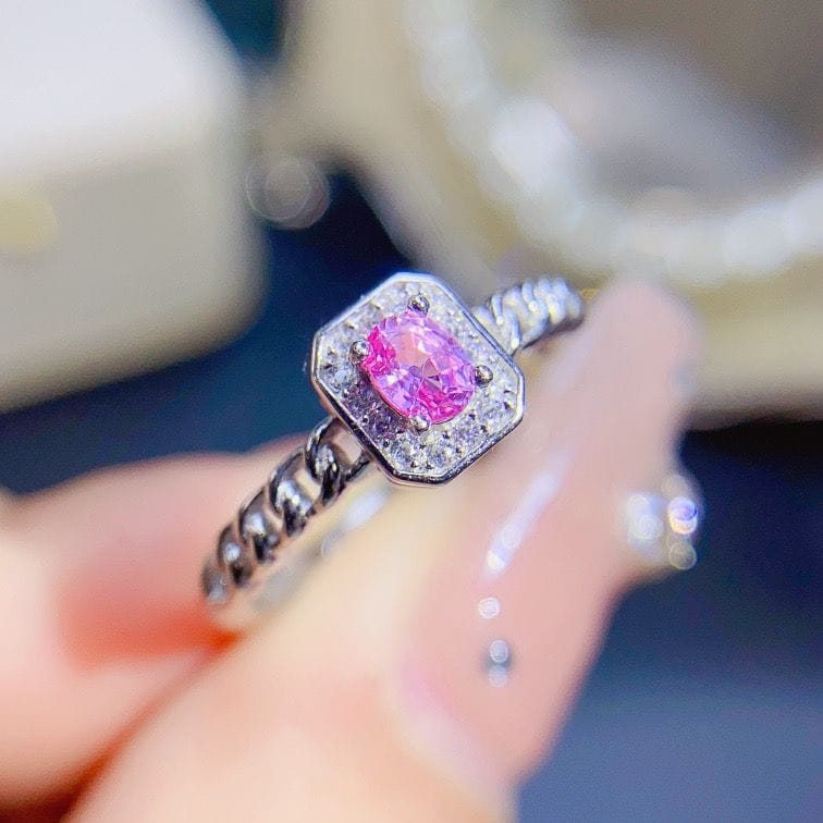 Natural pinky sapphire ring 925 silver elegant ring Women's Open 3*4mm crystal clean